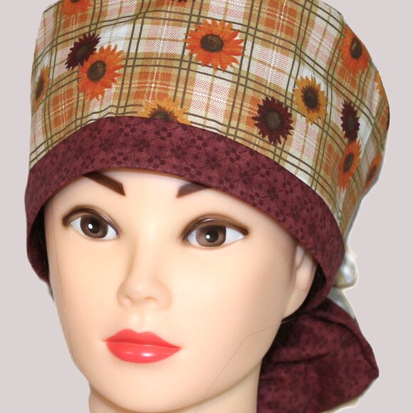Womens Autumn Plaid Ponytail Scrub Cap, Handmade NWOT - Picture 3 of 7
